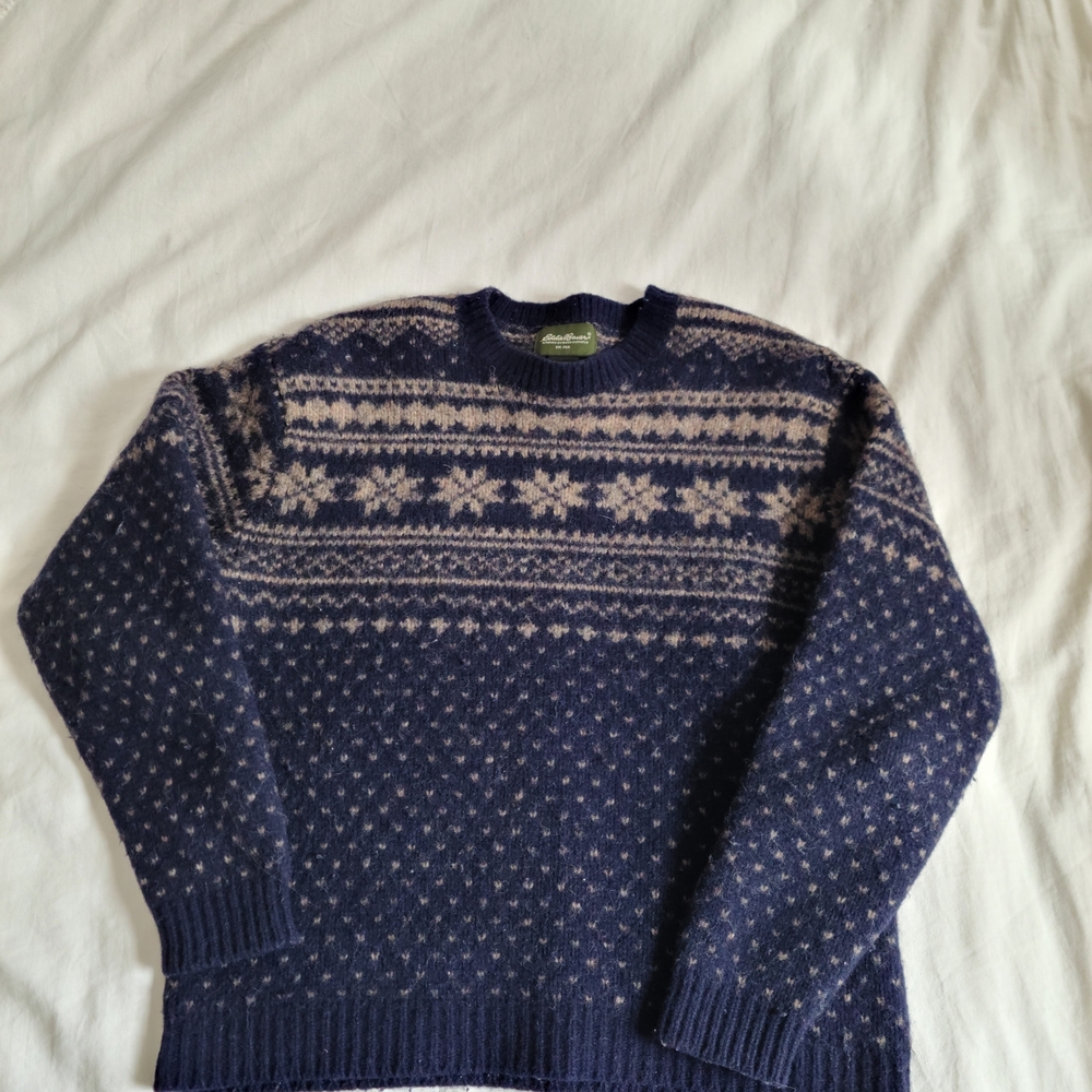 Eddie Bauer Navy and Light Gray Fair Isle Crewneck Sweater